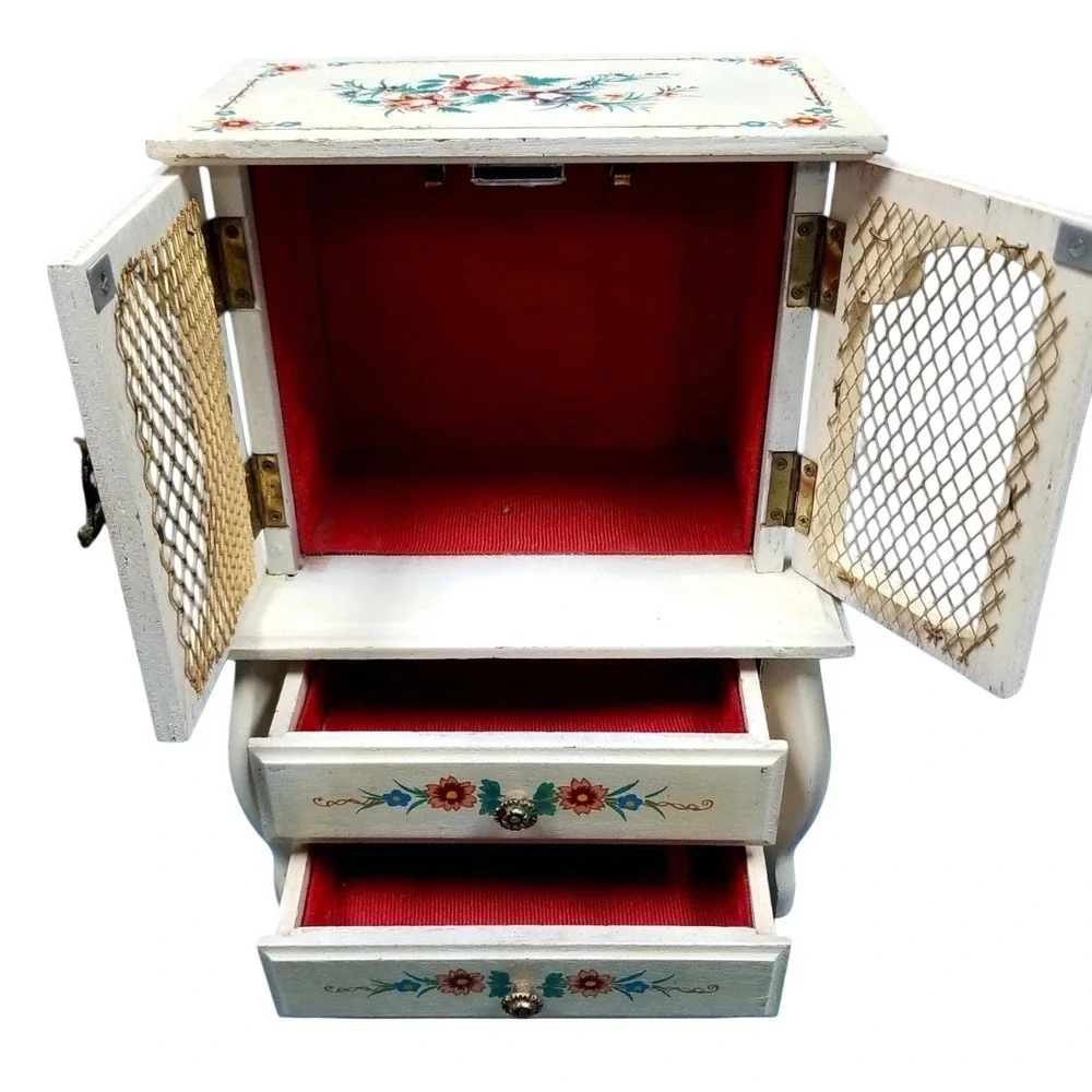 Rare!‎ Vtg Toyo Hand Painted Floral Musical Jewelry Box Armoire Wood 2 Drawer